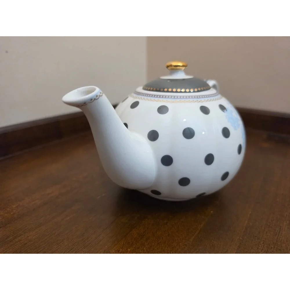 Grace Teaware Fine Porcelain Teapot Polka Dot Blue Tree Toile Gold Trim